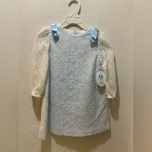 New Luli and Me Blue White DAINTY LACE DRESS -  Satin Ribbons